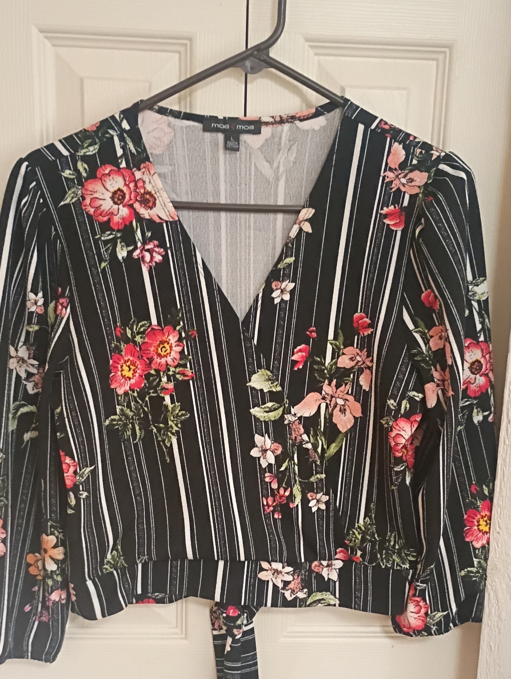 Mossimo Supply Co. Black Floral Wrap Blouse with Pink & Green Accents